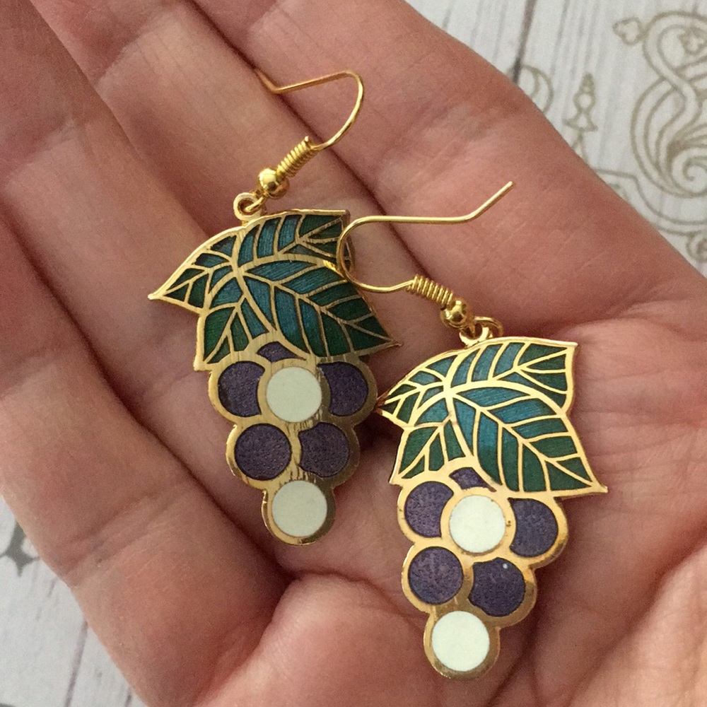 Cloisonn Grape Cluster Drop Earrings - image 1